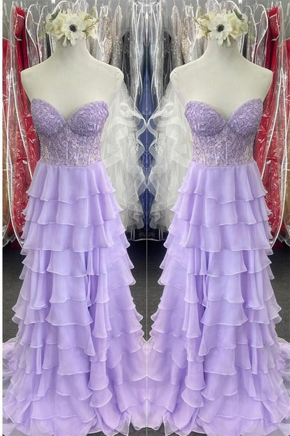 Sweetheart Yellow Lace Tiered Ruffle Prom Dress