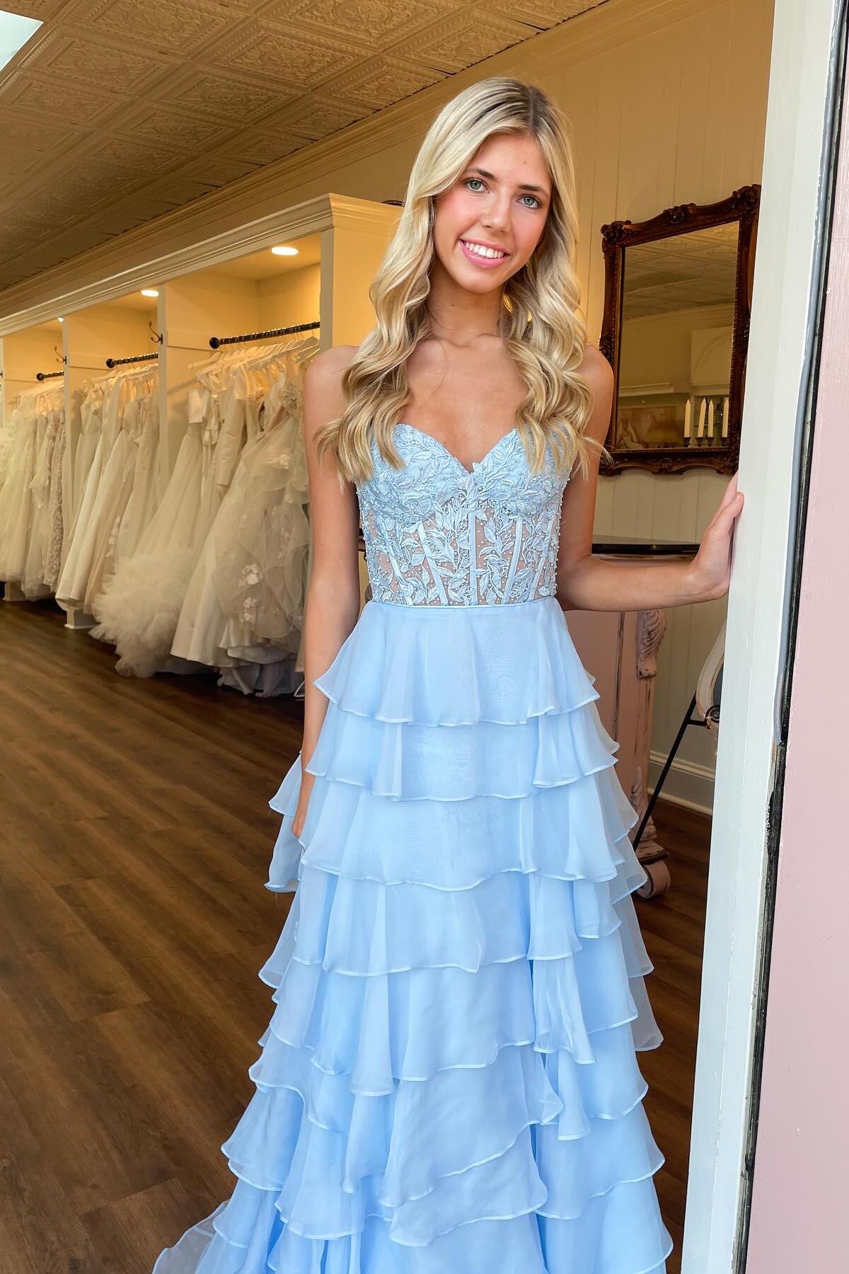 Sweetheart Yellow Lace Tiered Ruffle Prom Dress