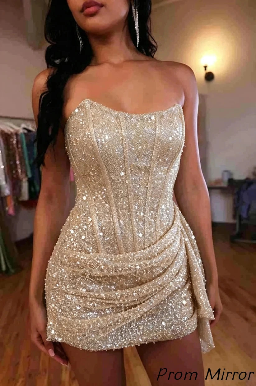 Fashion Party Dresses Strapless Bodycon Homecoming Dress Sequined Mini Formal Gown