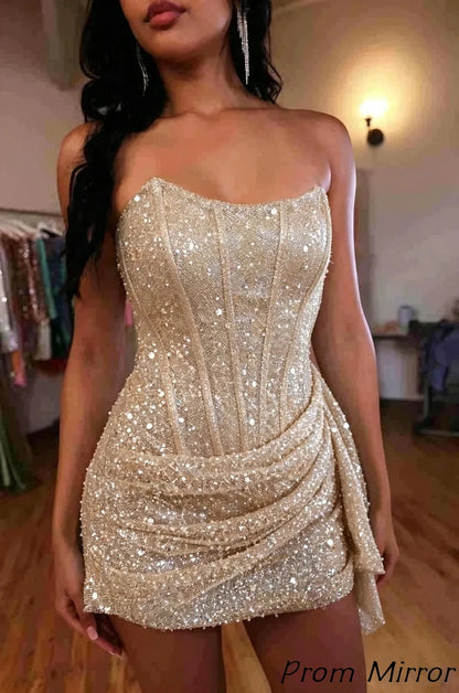 Fashion Party Dresses Strapless Bodycon Homecoming Dress Sequined Mini Formal Gown