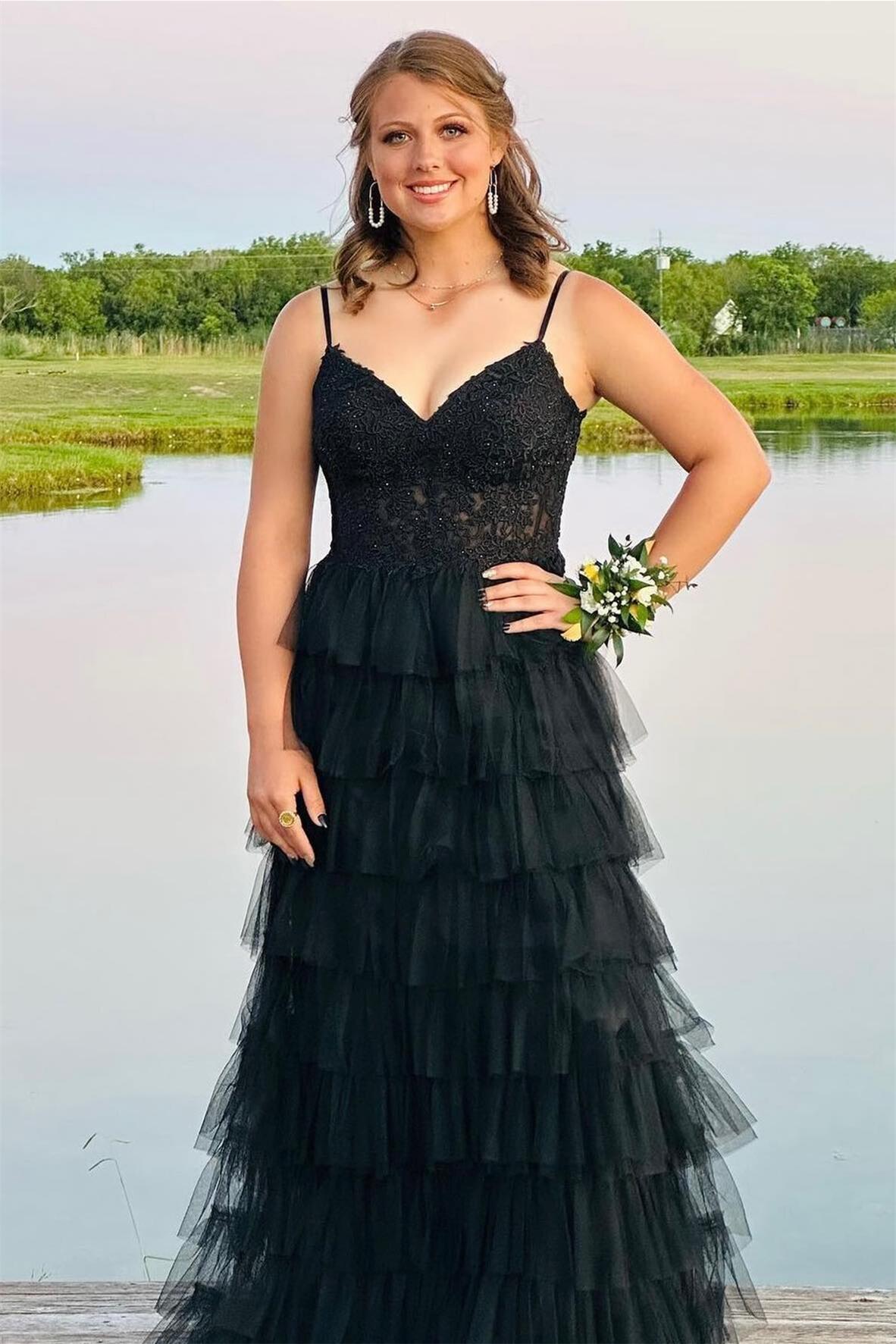 Straps Black Lace and Tulle Ruffles Party Dress