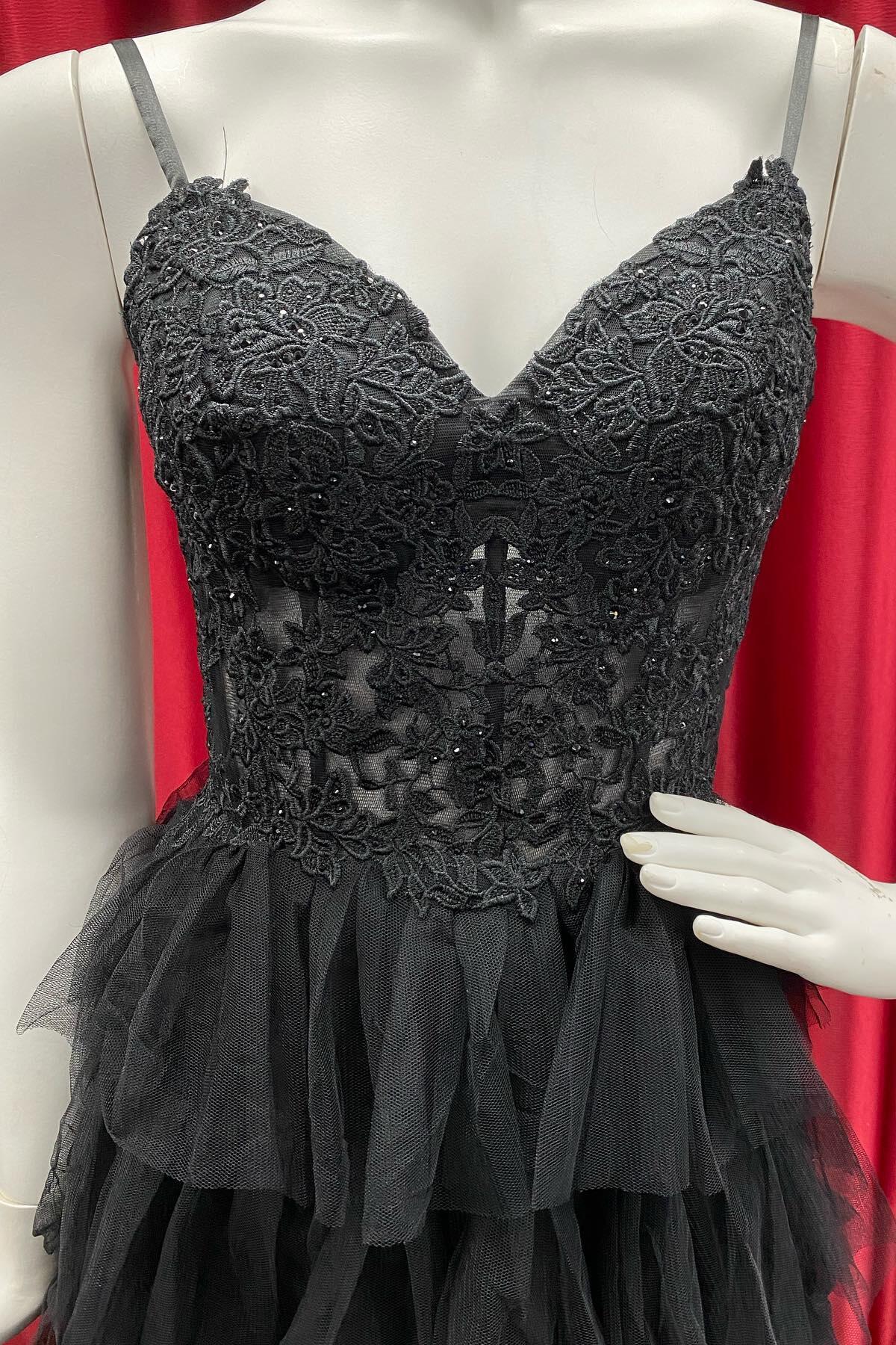 Straps Black Lace and Tulle Ruffles Party Dress