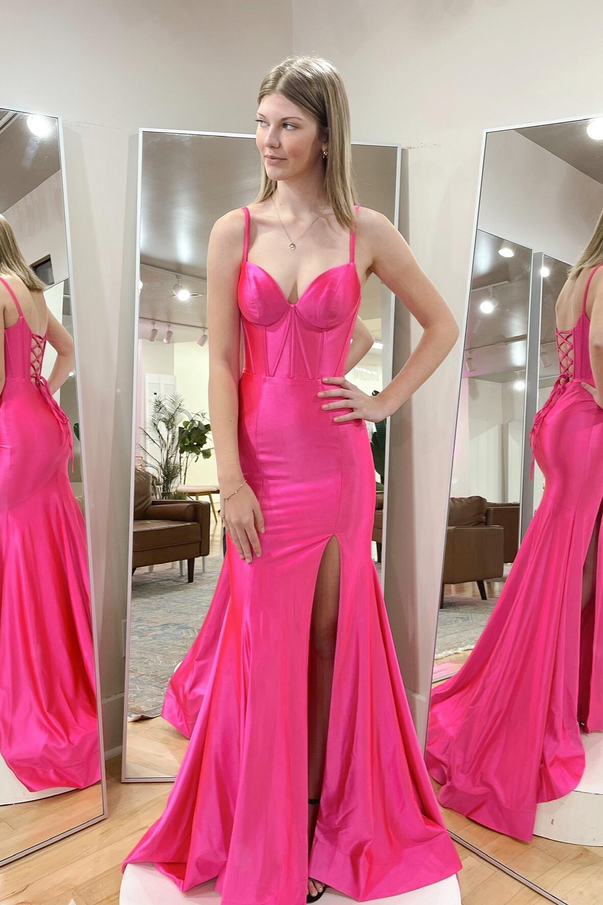 Straps Hot Pink Satin Mermaid Prom Dress