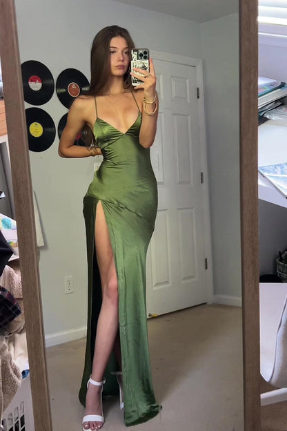 Sexy Straps Green Soft Satin Long Dress