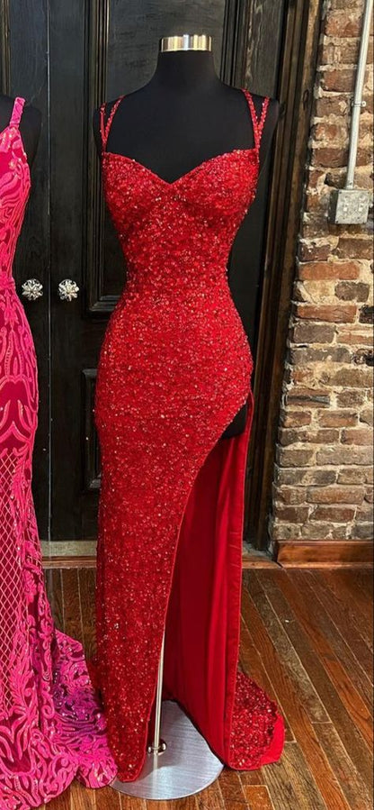 Sparkle Red Bodycon Sequined Long Prom Dresses