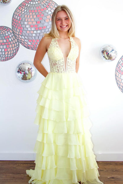Halter Red Lace Appliques Chiffon Ruffle Prom Dress