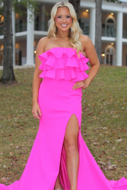 Strapless Red Ruffle Fitted Long Formal Dress with Slit