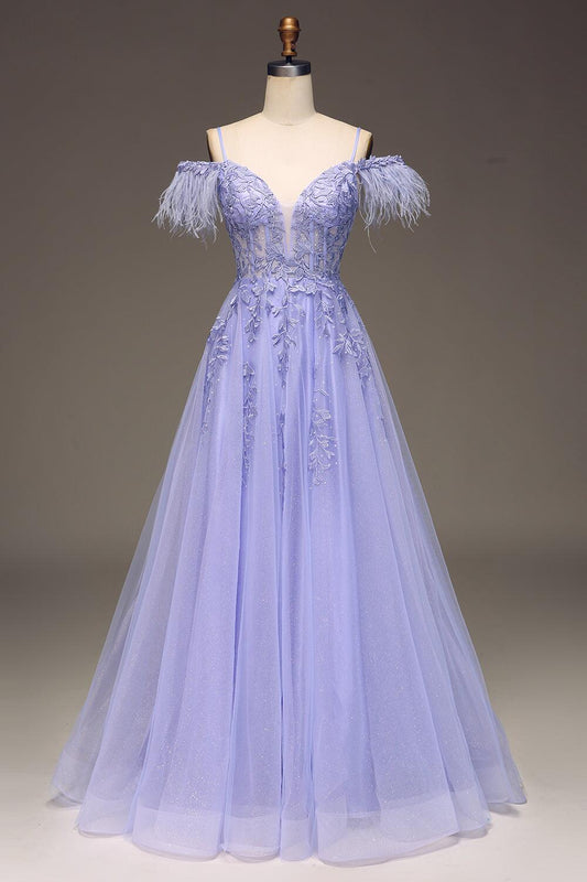 Straps Blue Sheer Appliques A-line Long Dress