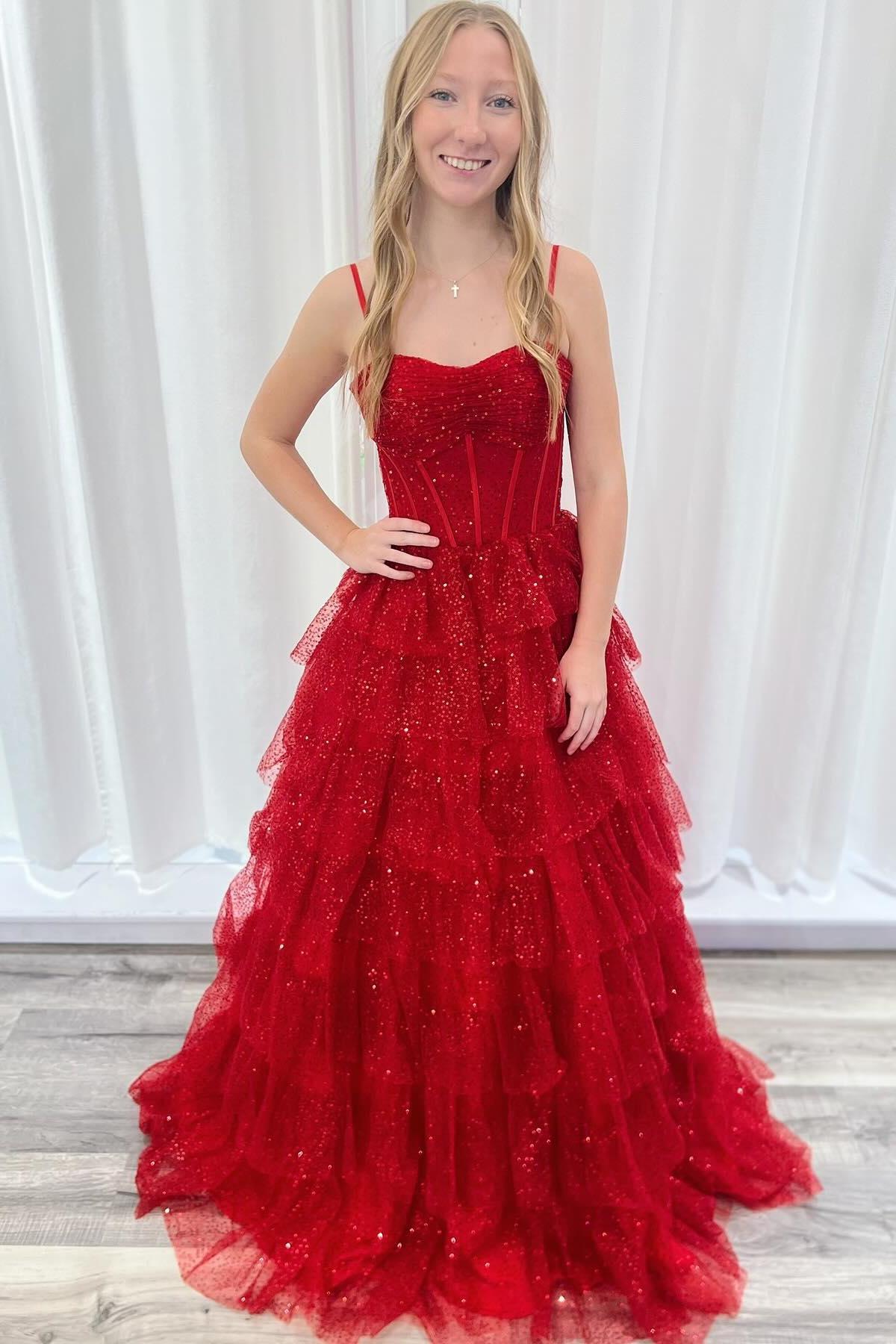 Spaghetti Straps Red Tulle Tiered Ruffle Ball Gown