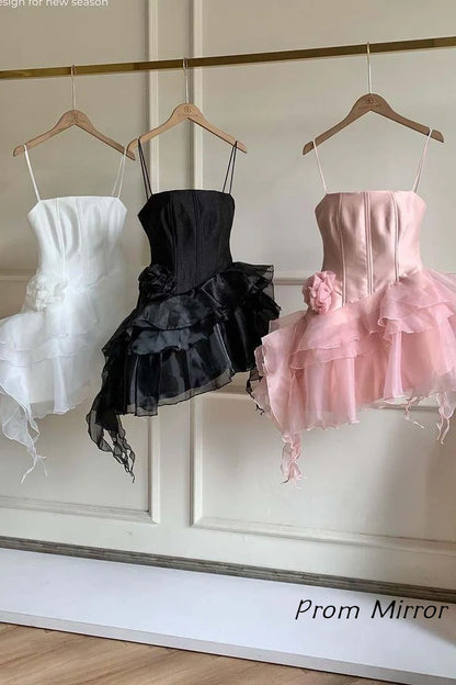 Charming Pink Spaghetti Straps Tulle Satin A-Line Mini Homecoming Dress Short Party Dress