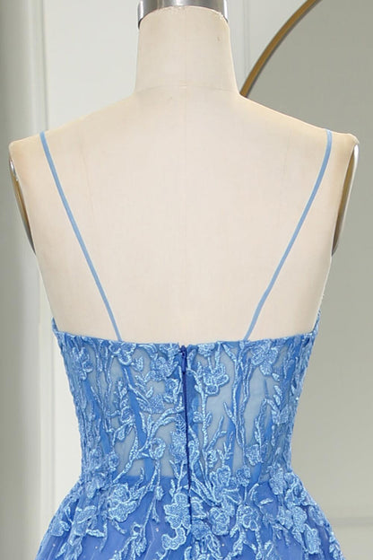 Straps Blue Lace Appliques A-line Long Prom Dress
