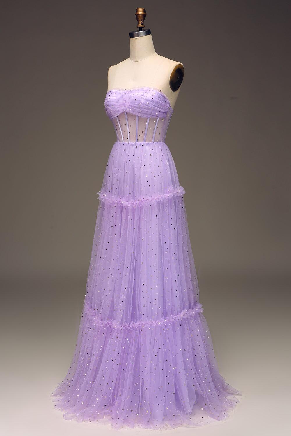 Lilac Starry Tulle A-line Long Formal Dress