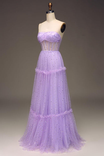 Lilac Starry Tulle A-line Long Formal Dress