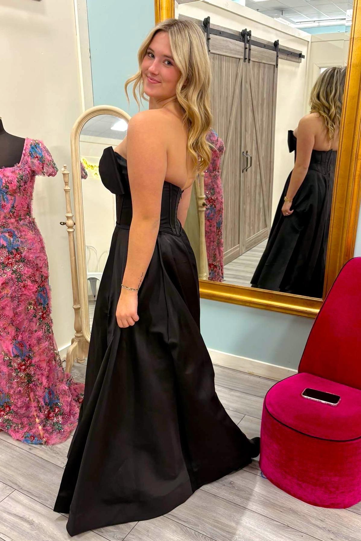 Strapless Black Bow Front A-line Long Formal Dress