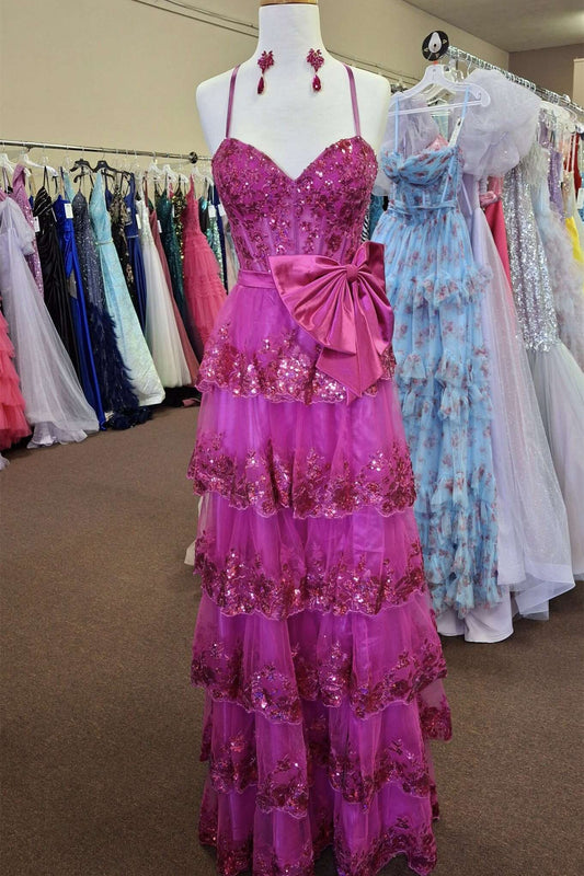 Straps Fuchsia Appliques A-line Ruffle Long Prom Dress