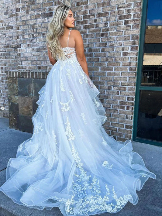 White V-Neck Applique Tulle Wedding Prom Dresses With Sweep Train