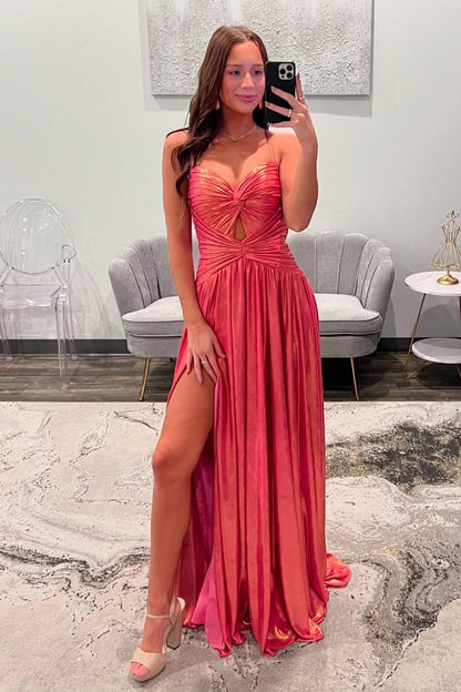 Spaghetti Straps Coral Metallic Twist Long Prom Dress