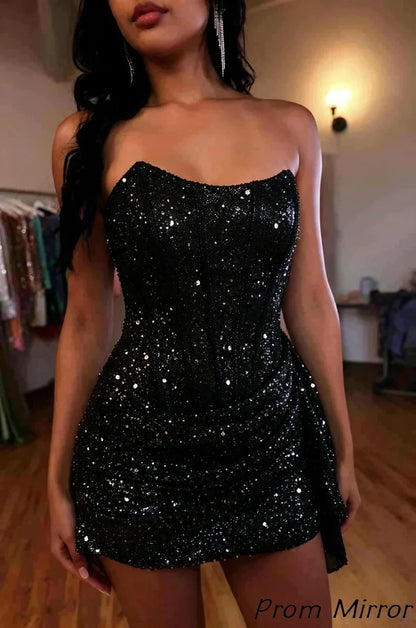 Fashion Party Dresses Strapless Bodycon Homecoming Dress Sequined Mini Formal Gown
