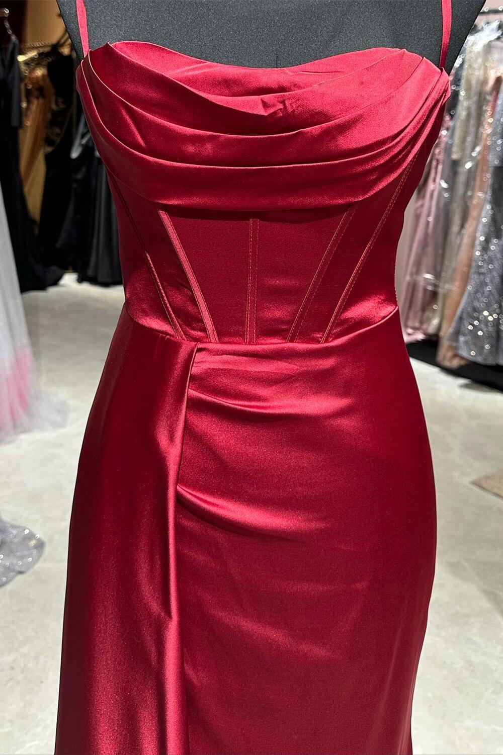 Straps Wine Red Satin Cowl Neck Dress