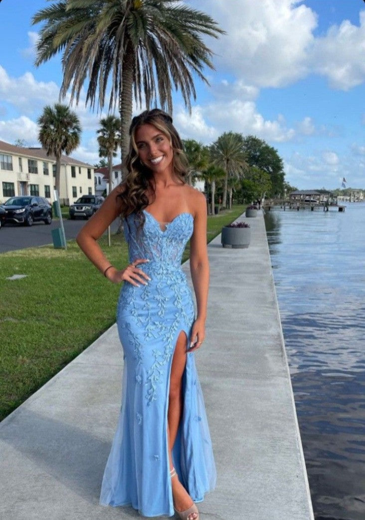 Sweetheart Sky Blue Mermaid Prom Dresses, Appliques Beaded Party Dress