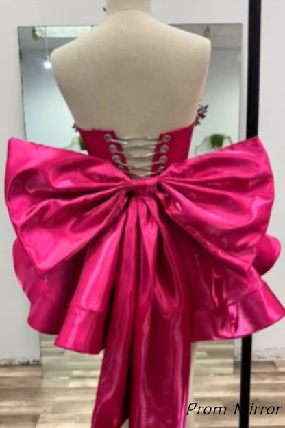 Hot Pink Rhinestone Satin Mini Homecoming Outfit Cocktail Dresses For Women