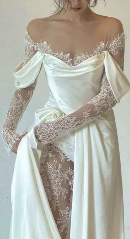 PM544,Ivory Lace Satin Wedding Dresses, Off The Shoulder Bridal Dresses