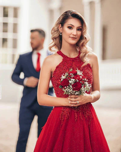 Red Halter Applique Beaded Long Prom Dresses
