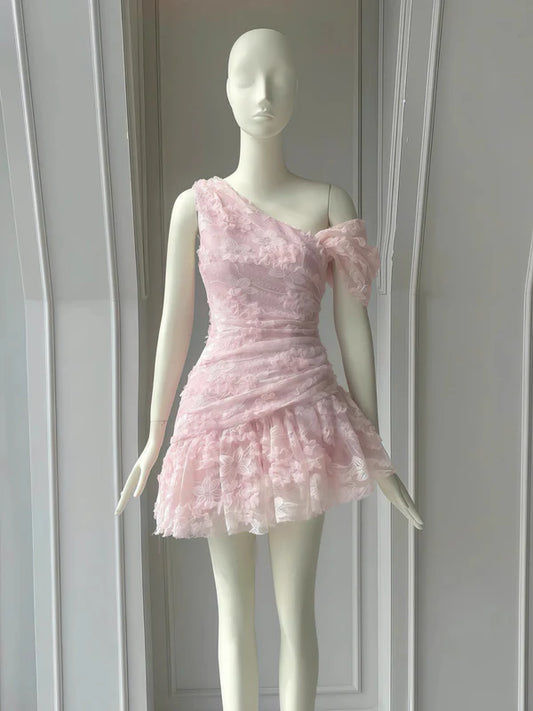 Cute Sheath One Shoulder Pink Lace Short Satin Formal Homecoming Dresses Party Graduation Dress Hoco Dresses