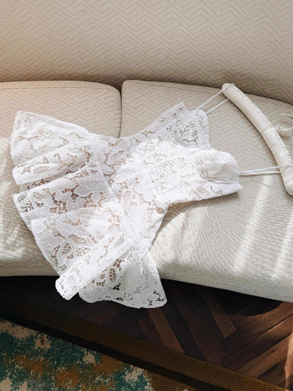 Simple A Line Spaghetti Straps Lace White Short Formal Homecoming Dresses Party Graduation Dress Hoco Dresses