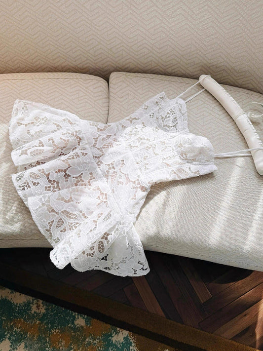 Simple A Line Spaghetti Straps Lace White Short Formal Homecoming Dresses Party Graduation Dress Hoco Dresses