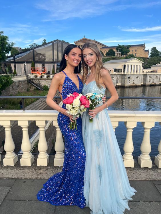 Light Blue A-Line Tulle Prom Dress Applique Lace Party Dresses