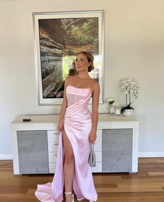 Pink Satin Sleeveless Pleated Split Long Prom Formal Gown, Lace Top High Quality Prom Evening Dresses