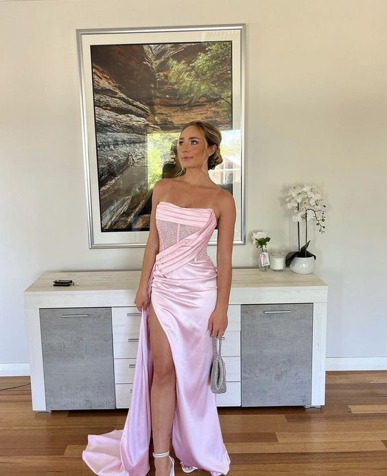 Pink Satin Sleeveless Pleated Split Long Prom Formal Gown, Lace Top Hi – prommirror Pink Satin Sleeveless Pleated Split Long Prom Formal Gown, Lace Top Hi – prommirror