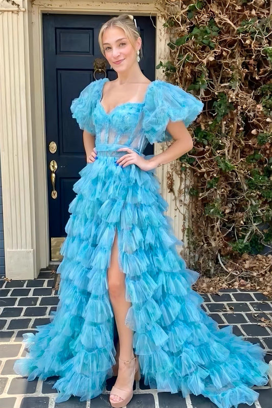 Puffy Ruffles Split Blue Prom Dress