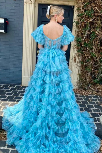 Puffy Ruffles Split Blue Prom Dress