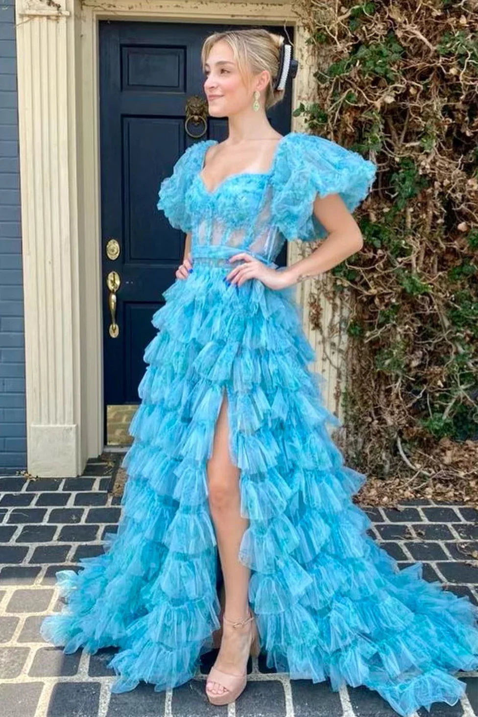 Puffy Ruffles Split Blue Prom Dress