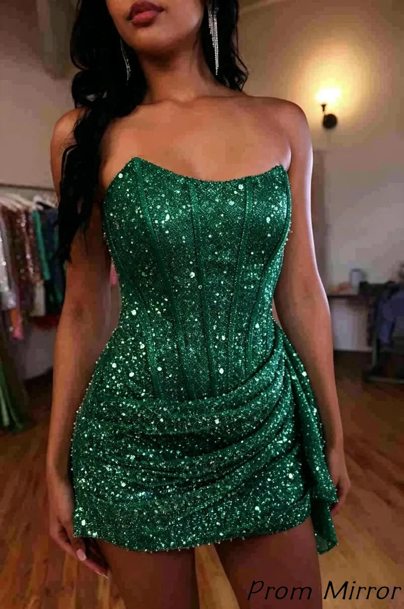 Fashion Party Dresses Strapless Bodycon Homecoming Dress Sequined Mini Formal Gown