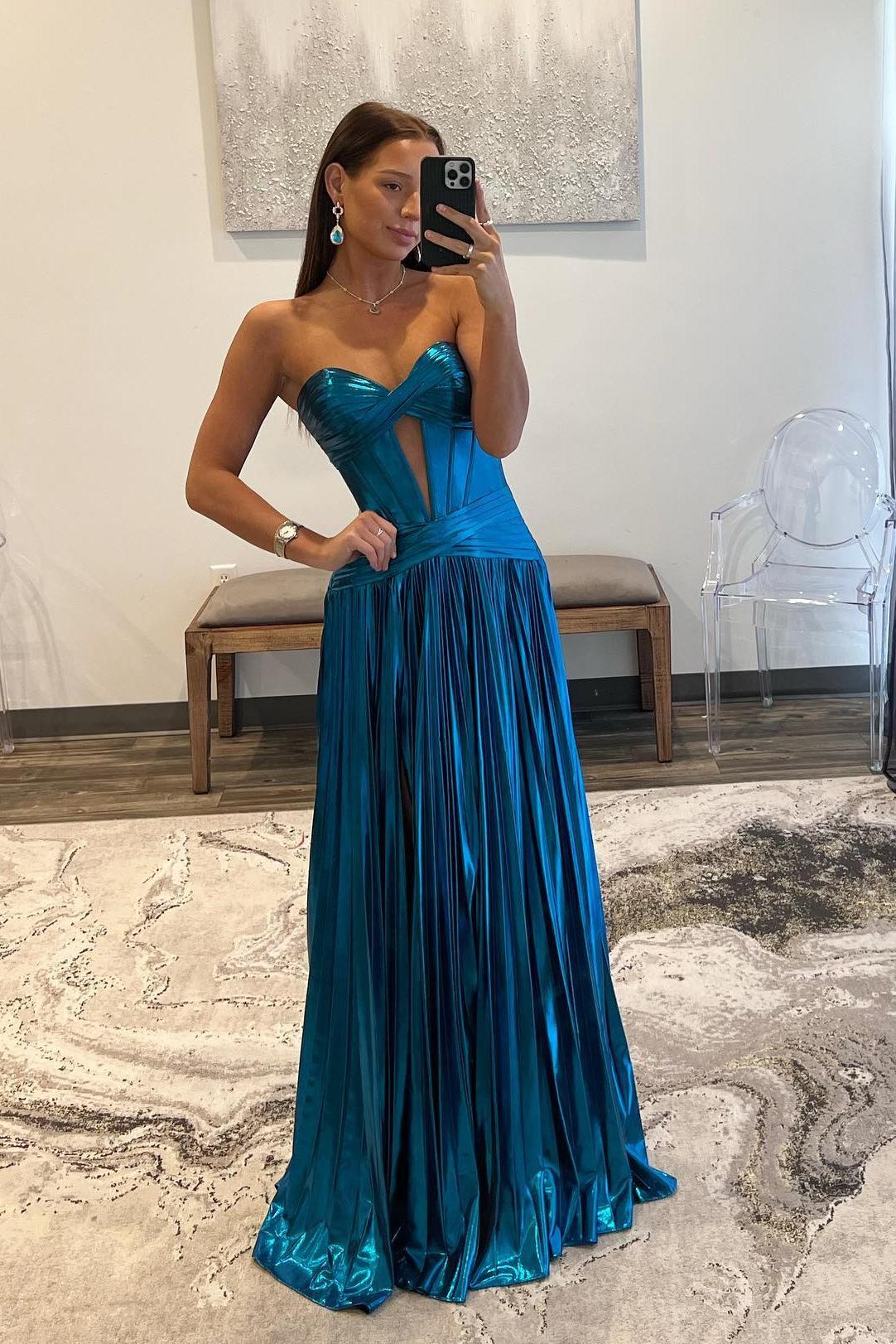 Sweetheart Metallic Yellow Pleated Long Formal Dress