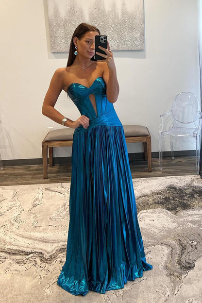 Sweetheart Metallic Yellow Pleated Long Formal Dress