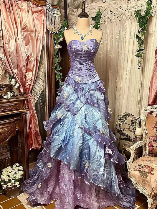 Purple Pink Blue Gradient Fashion Retro Elegant Delicate Floral Beads Sweet Elegant Long Tulle Floor Length Ball Gowns Prom Gowns