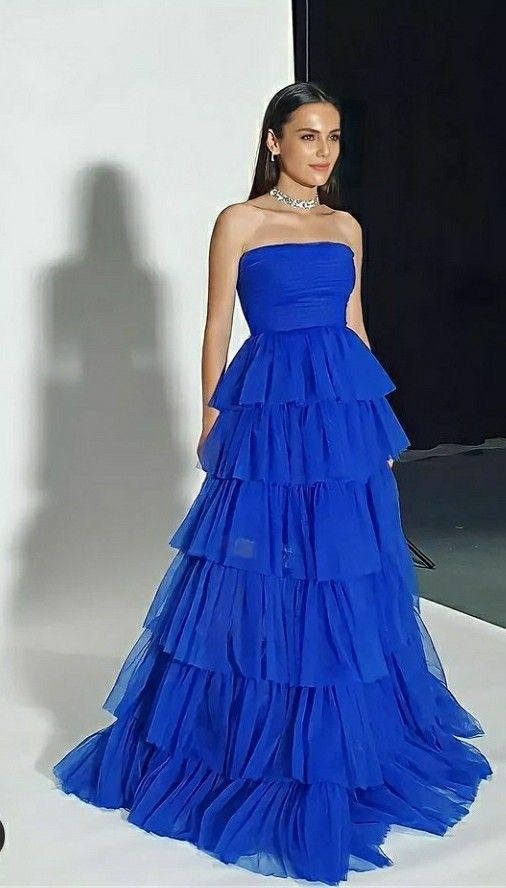 PM552,Strapless Blue Tulle Ruffles Layers Long Prom Evening Dresses