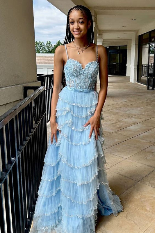 Baby Blue Tulle Ruffles Prom Dress