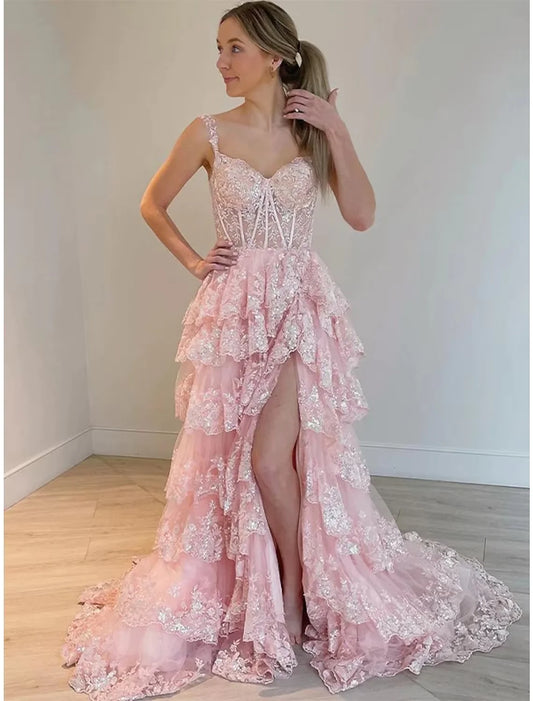 Pink Sequined Lace Layers Split Long Evening Prom Dress