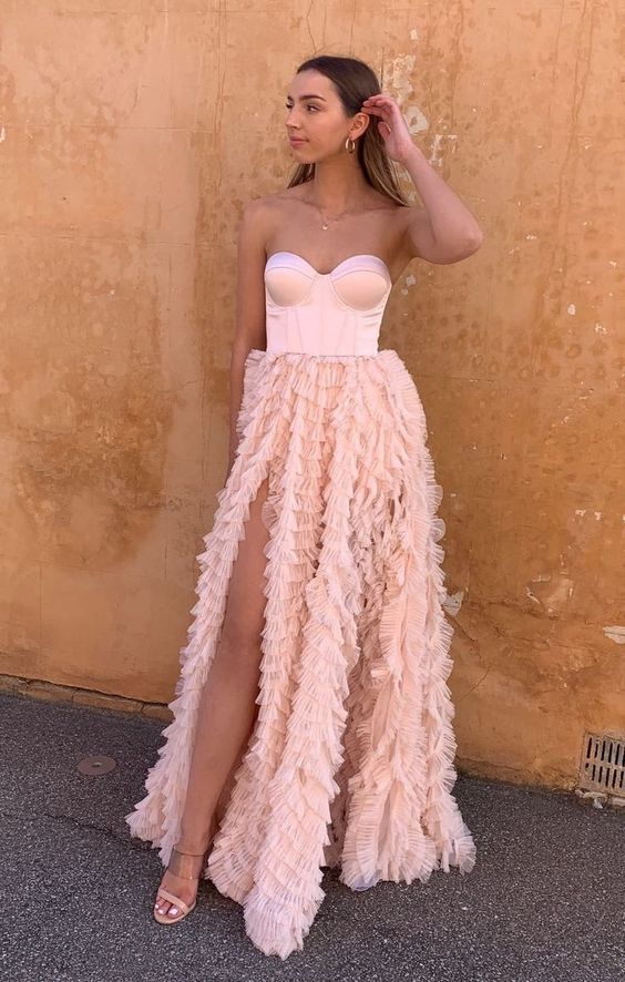 PM548,Light Pink Sweetheart Tulle Ruffles Long Prom Dresses, A-Line Evening Party Gown