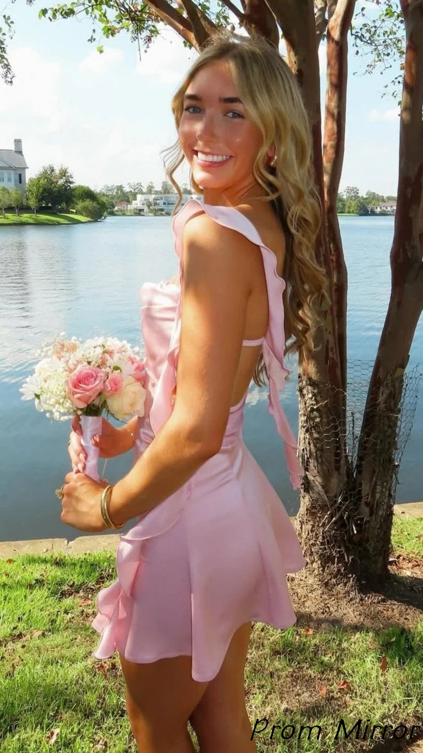 Cute Light Pink Chiffon Homecoming Dress With Ruffles
