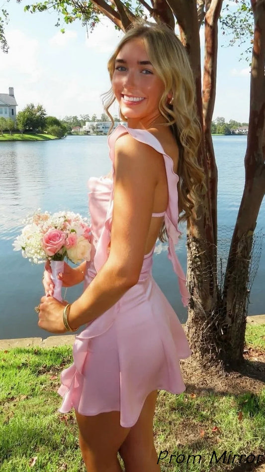Cute Light Pink Chiffon Homecoming Dress With Ruffles