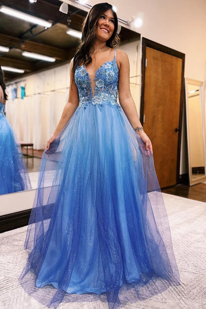 Glitter Blue V-Neck A Line Tulle Long Prom Dress