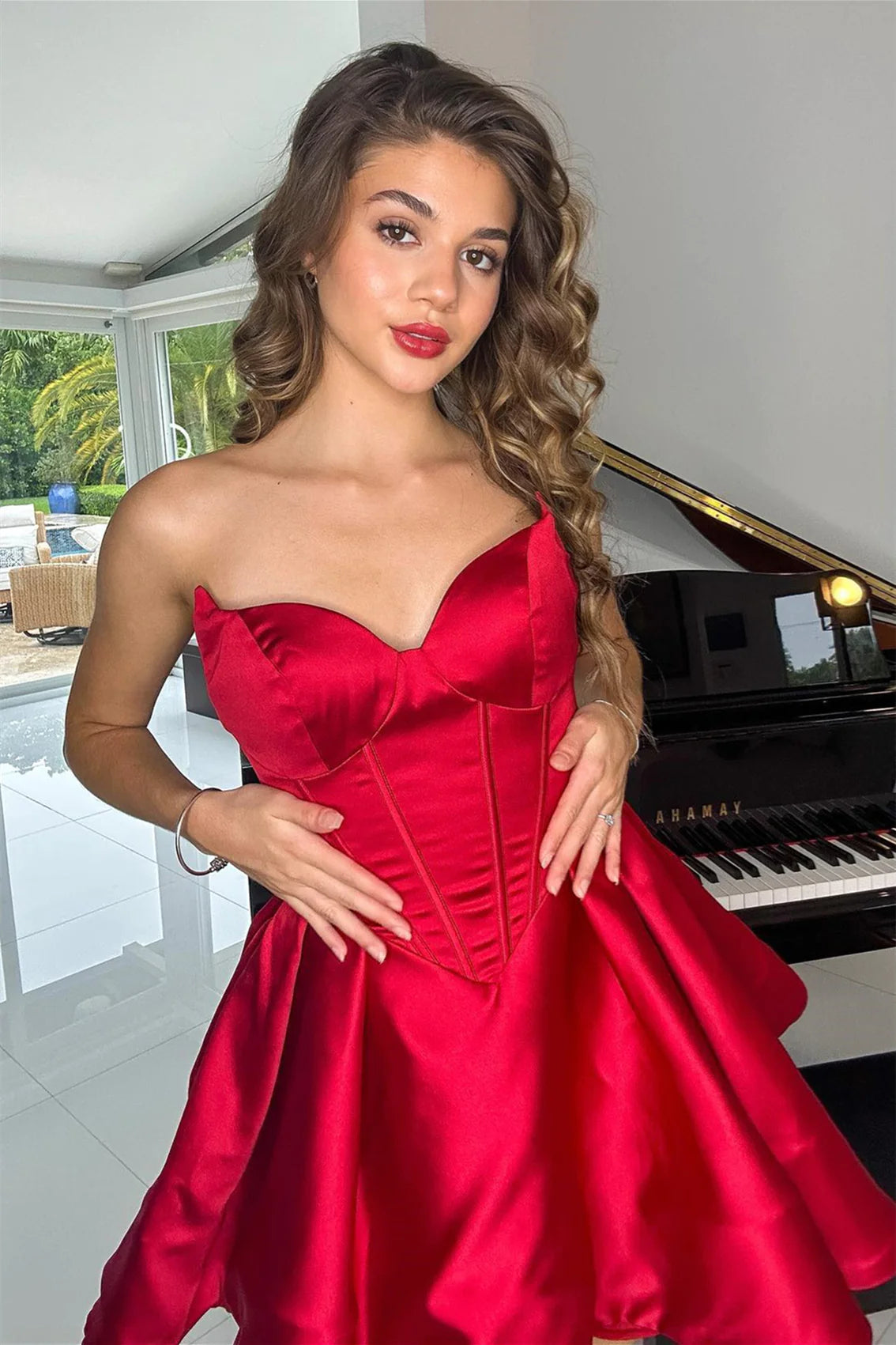 PM531,Sweetheart Red Satin A-Line Homecoming Dress, Mini Dance Gown