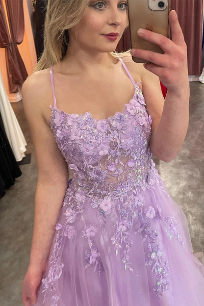 Spaghetti Straps Lilac Floral Appliques Evening Prom Dresses