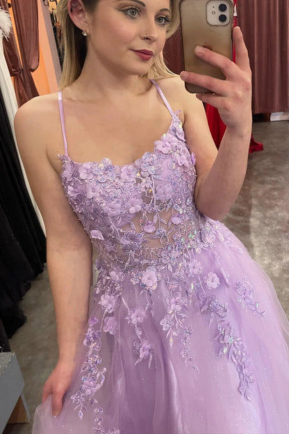Spaghetti Straps Lilac Floral Appliques Evening Prom Dresses